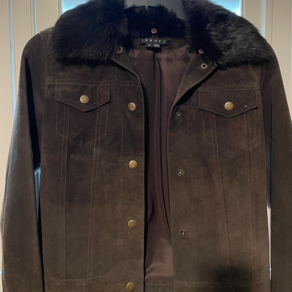 Brown Suede Theory with removable fur collar